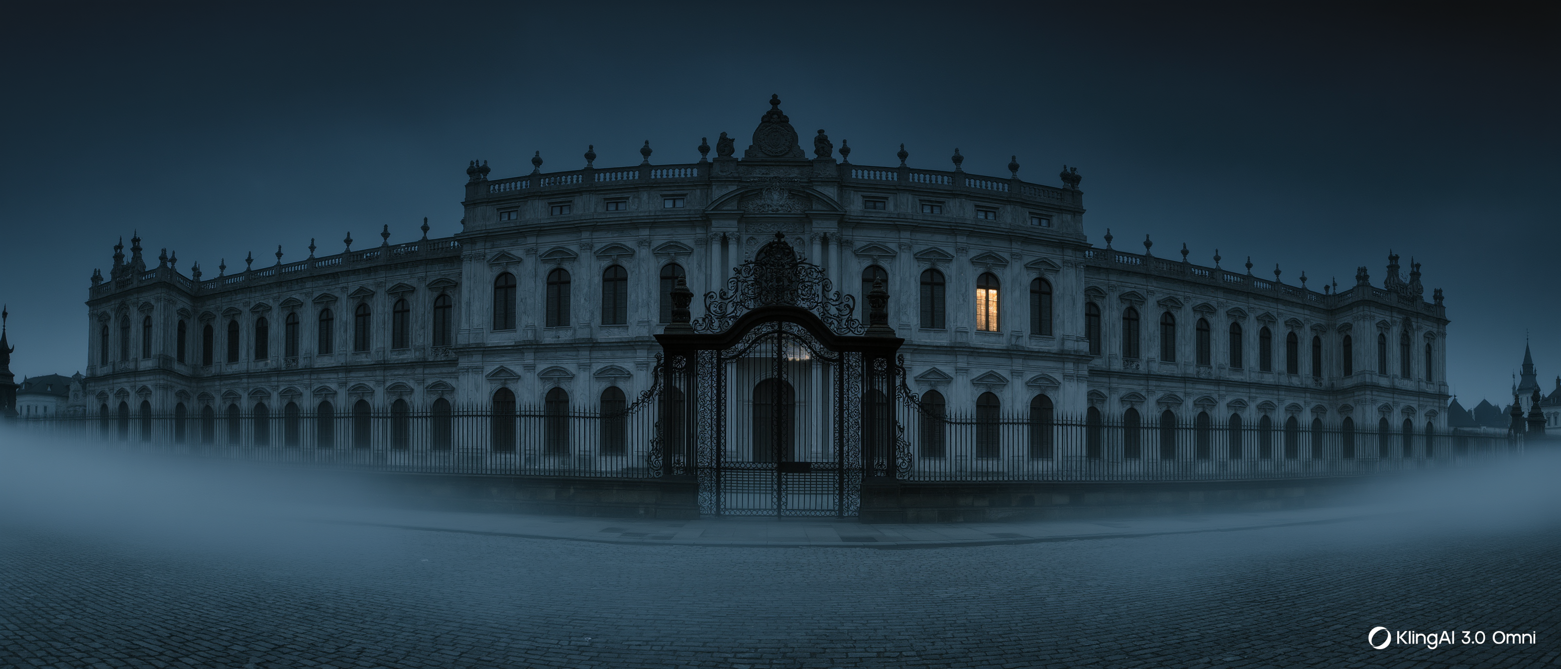 palacio de linares fantasma fachada nocturna con niebla